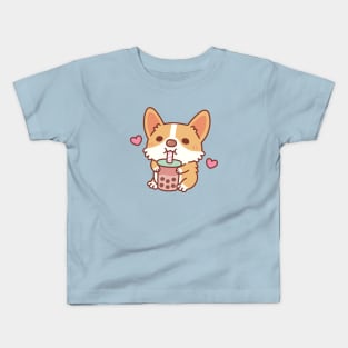 Cute Corgi Loves Drinking Bubble Tea Kids T-Shirt